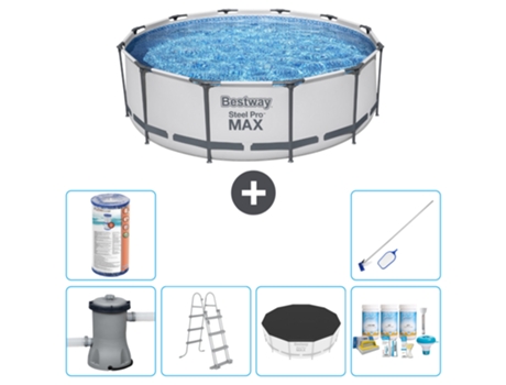 Piscina BESTWAY Round Steel Pro MAX - 366 x 100 cm - Gris - Incluida bomba - Escalera Cubrir - Paquete de mantenimiento - Filtrar - kit de limpieza