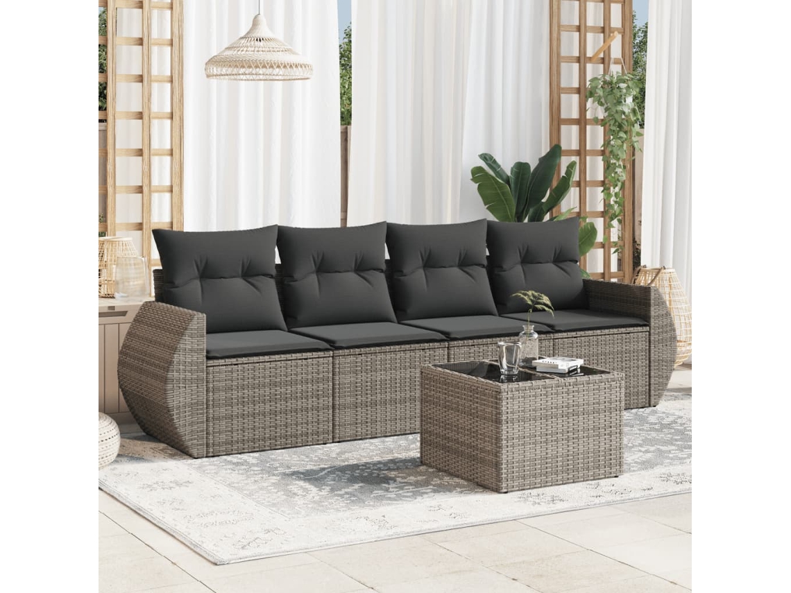 Conjunto de sofá de jardín de 5 piezas con cojines, ratán gris, DKD Home Decor