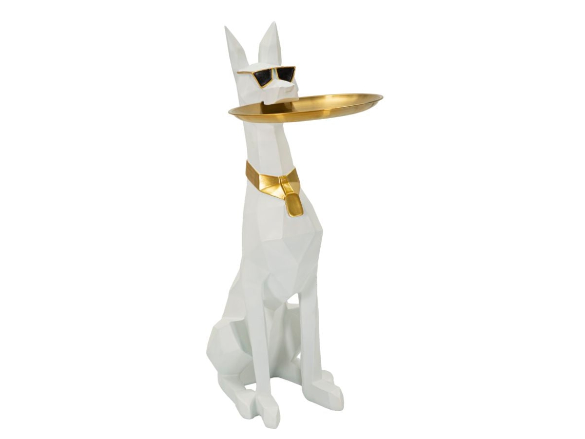 Estatua De Perro Pitbull De Origami Con Bandeja De Almacenamiento - Diseño Elegante En Blanco Y Dorado 27x51x74 Cm - Decoración Funcional En Poliresina