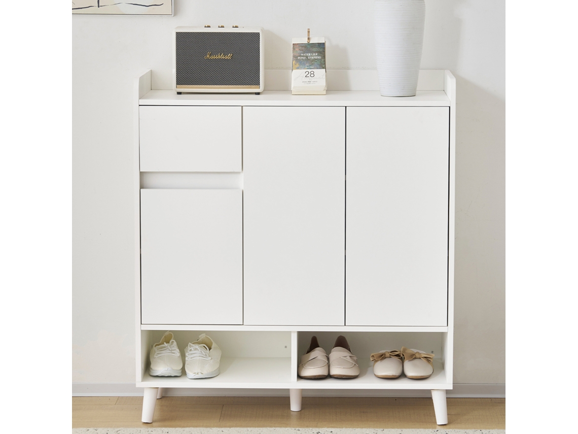 Zapatero con 7 compartimentos y 1 cajón con estantes ajustables, estilo blanco