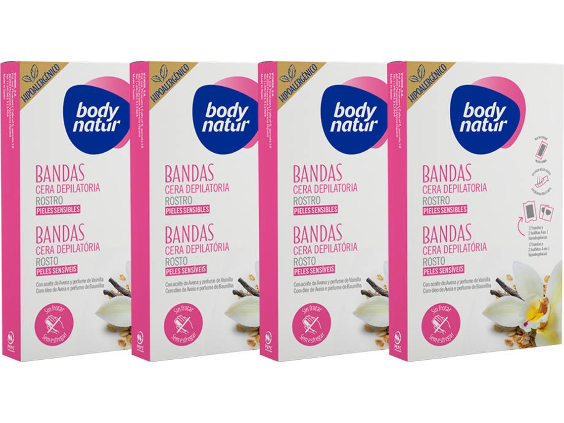 Pack de 4 Bandas Cera Facial BODY NATUR Pele Sensíveis (12 Unidades)
