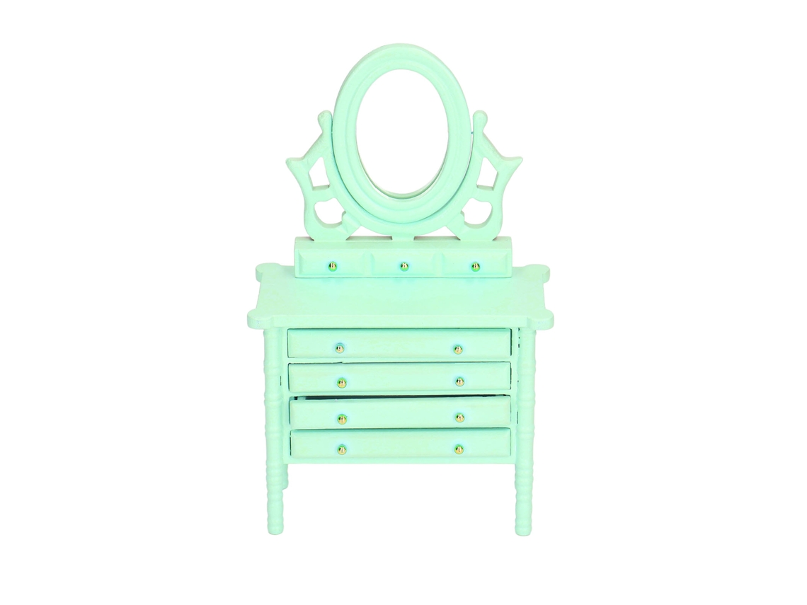 Mesa de maquiagem em miniatura Bj, feita de madeira, escala 1:12, para casa de bonecas, com cabelo verde, alta simulação.