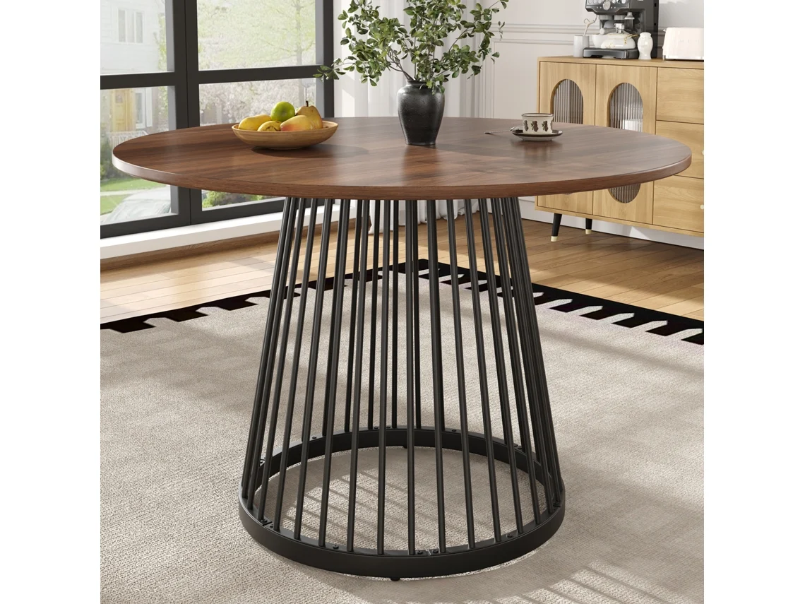 Mesa De Comedor Redonda (80×80×76 Cm), Patas De Metal, Tablero De Mdf Color Nogal, Patas Negras.