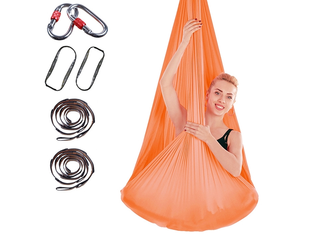 Hamaca de yoga de 400 x 280 cm con correa de extensión y cierre (naranja)