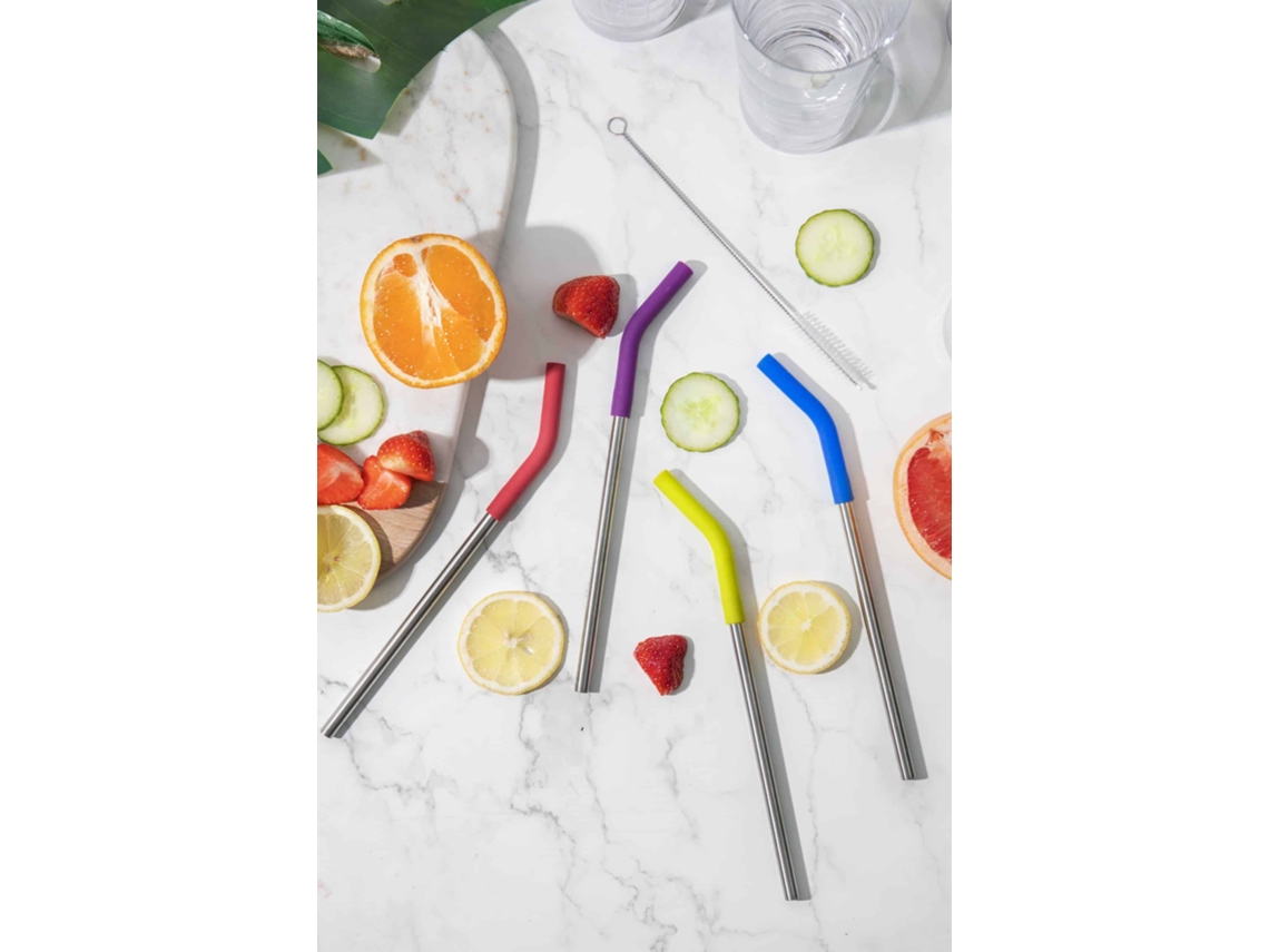 Coloourworks de paja de metal reutilizable con un cepillo de 4 piezas set de 4 piezas