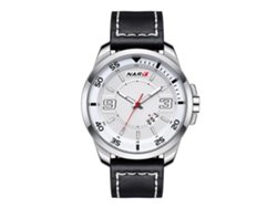 Reloj De Pulsera De Cuero Pu Para Hombres Nary Con Dial Redondo Y Calendario De Cuarzo Negro Plateado