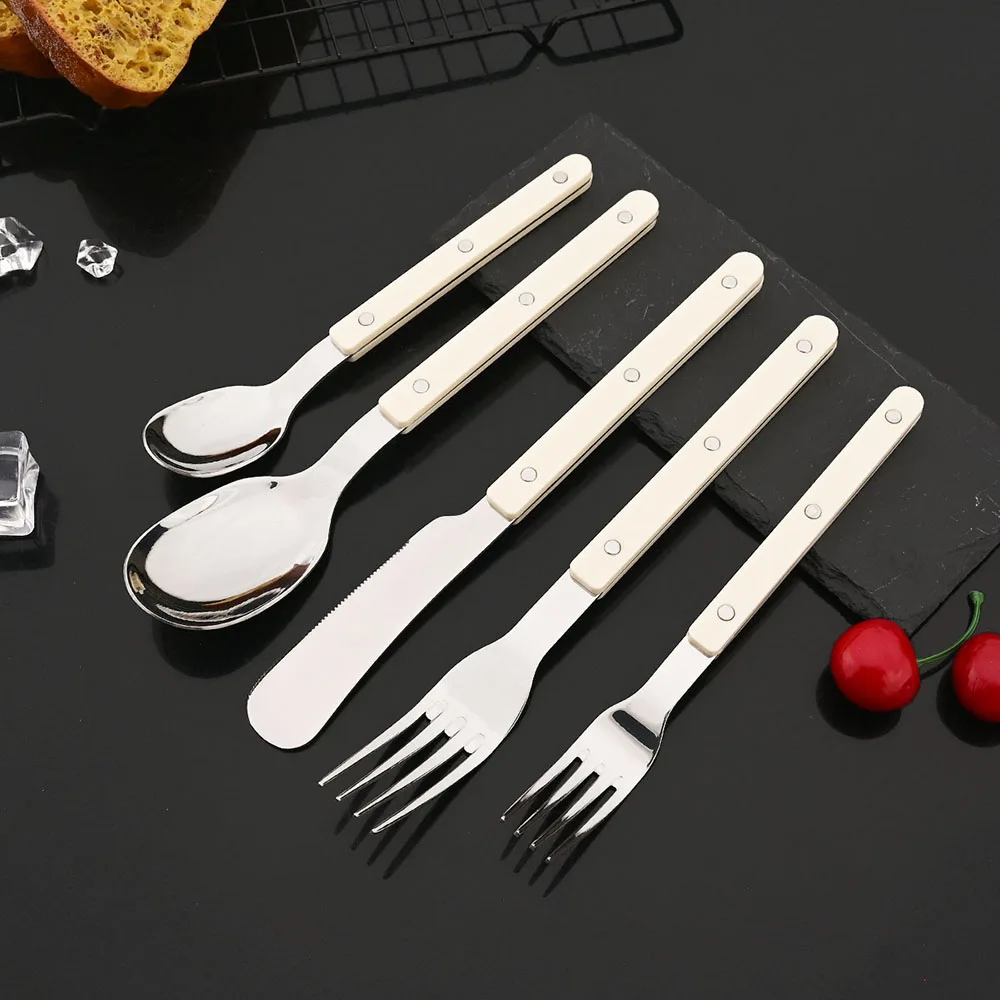 (beige, Juego De 5 Piezas) Cubiertos Con Remaches Y Mango De Acrílico, Tenedor, Cuchillo Y Cuchara De Acero Inoxidable.