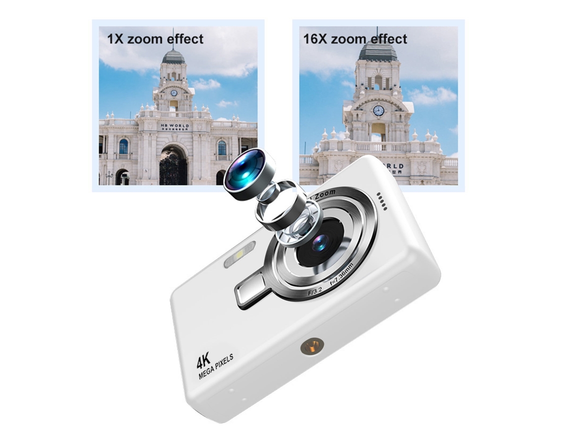 Cámara digital portátil 4K HD con enfoque automático, tarjeta de memoria de 32 GB y luz de relleno Cuich (blanca)