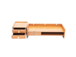 Soporte para monitor de ordenador, cajón con cerradura, soporte para teléfono, madera.