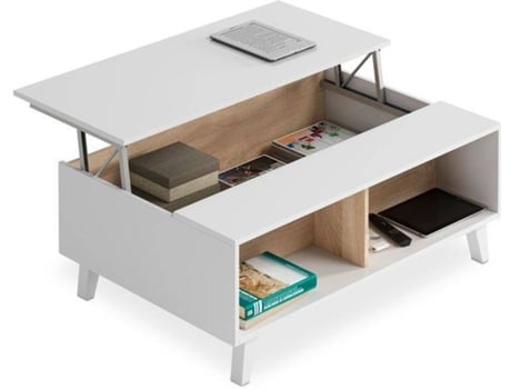 Mesa de Centro HABITDESIGN Elevatoria (Blanco - Roble - Melamina - 100 x 38–50 x 68 cm)