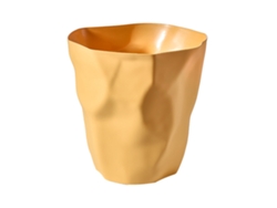 Papelera pequeña de plástico amarillo con tapa abatible para baño, oficina, dormitorio, cocina. Moderna, única, de forma irregular y plegable.