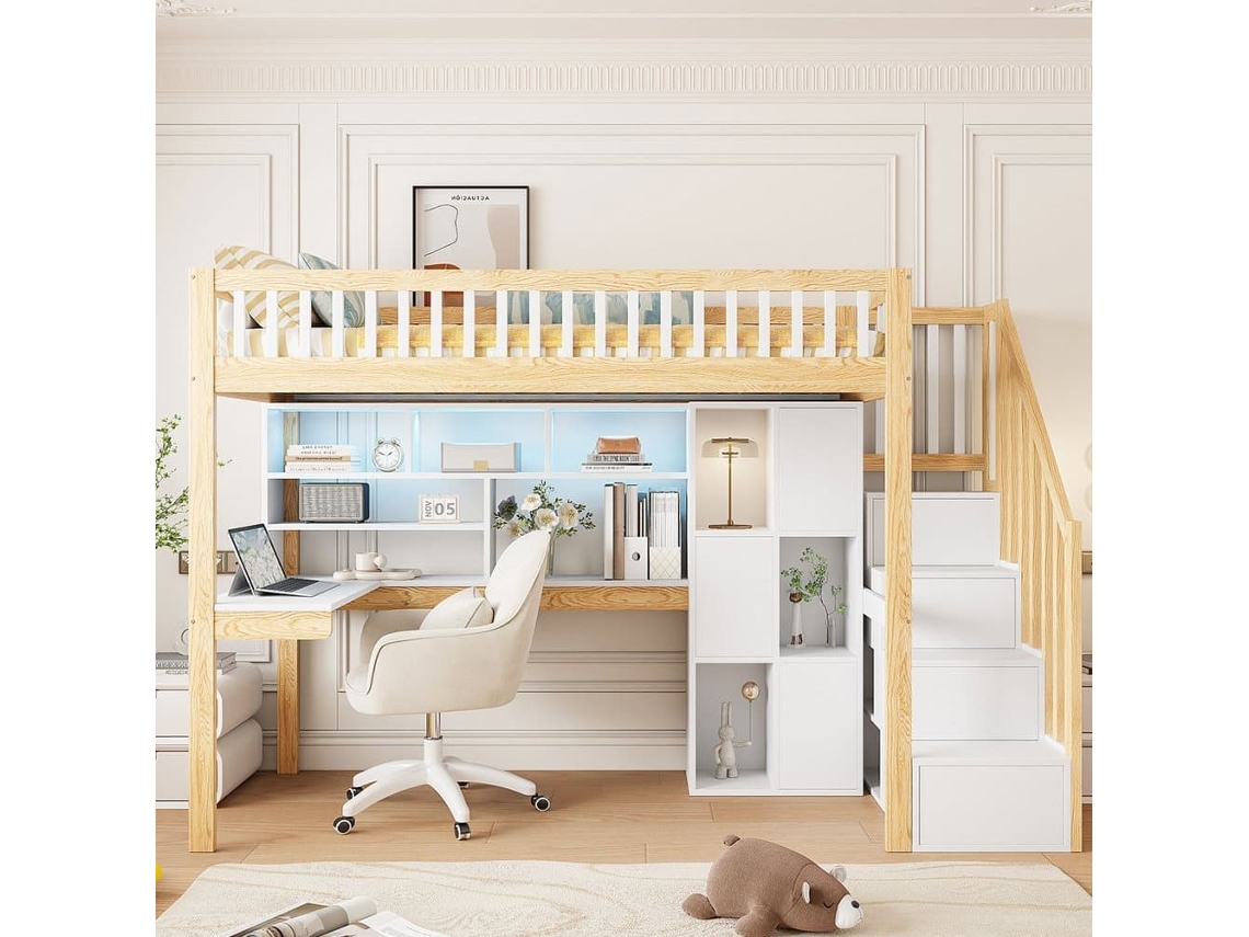 Cama Alta 90x200 Cm - Led, Escalera Con Estantes, Escritorio Y Almacenamiento - Blanco/natural