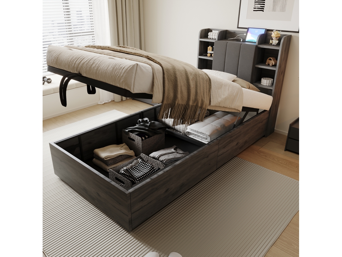 Cama 90x200cm, Hidráulica, Almacenamiento En Cabecero, Cargador Usb-c, Robusta 150kg, Sin Colchón, Gris