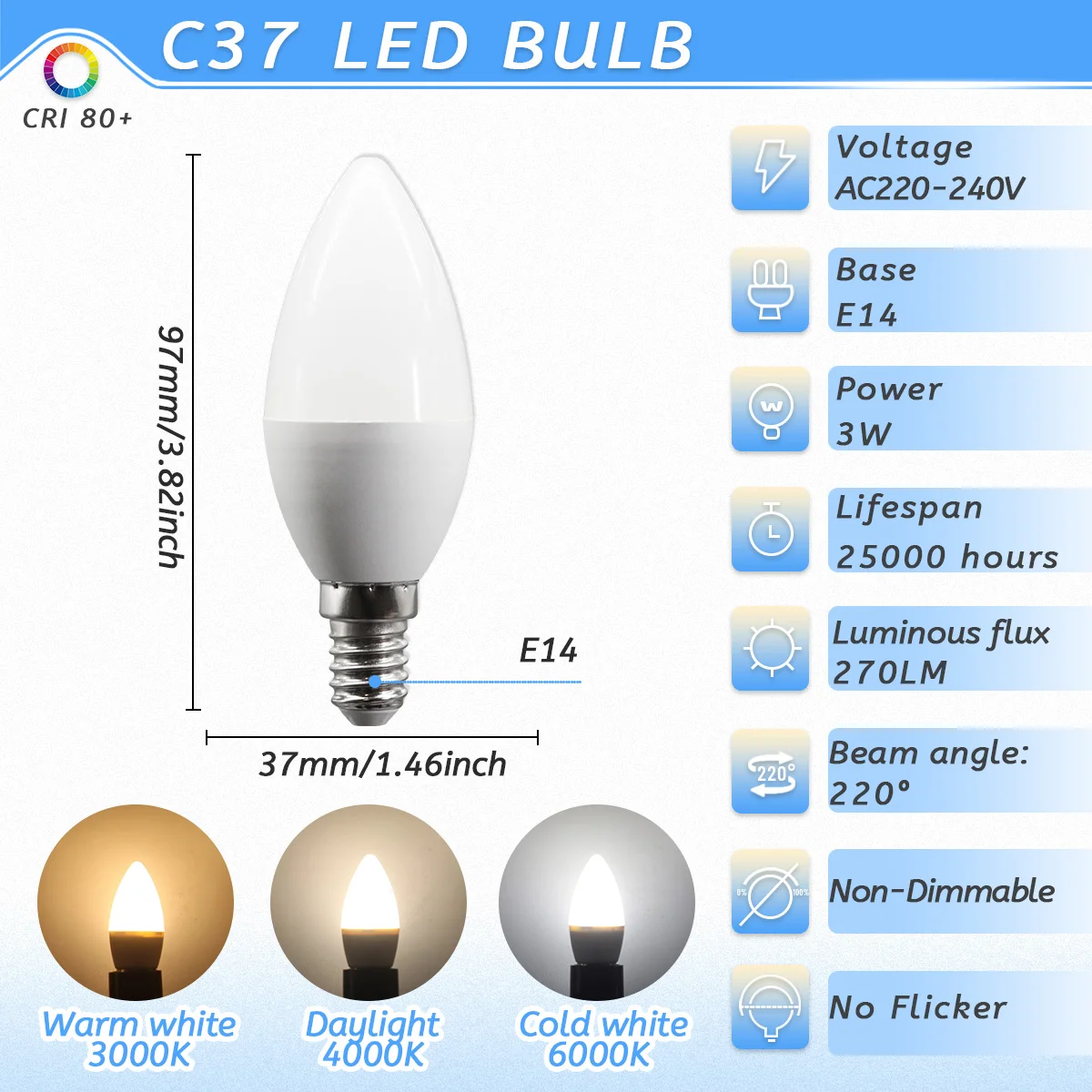 (c37 3w, Luz Blanca Cálida 3000k) 10pcs E14 Led Candle Bombilla, Ac220v, Para La Lámpara Colgante, Ahorro De Energía Y Protección Del Medio Ambiente