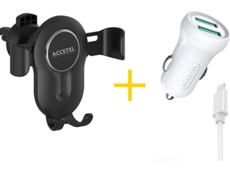 Kit Cargador Auto para iPhone 12 Pro ACCETEL SP118 (2.4A - Lightning - Negro y Blanco)