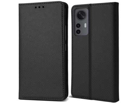 Funda Flip MOOZY para Xiaomi 12 y Xiaomi 12X en negro - Funda tipo cartera magnética inteligente con soporte y compartimentos para tarjetas.