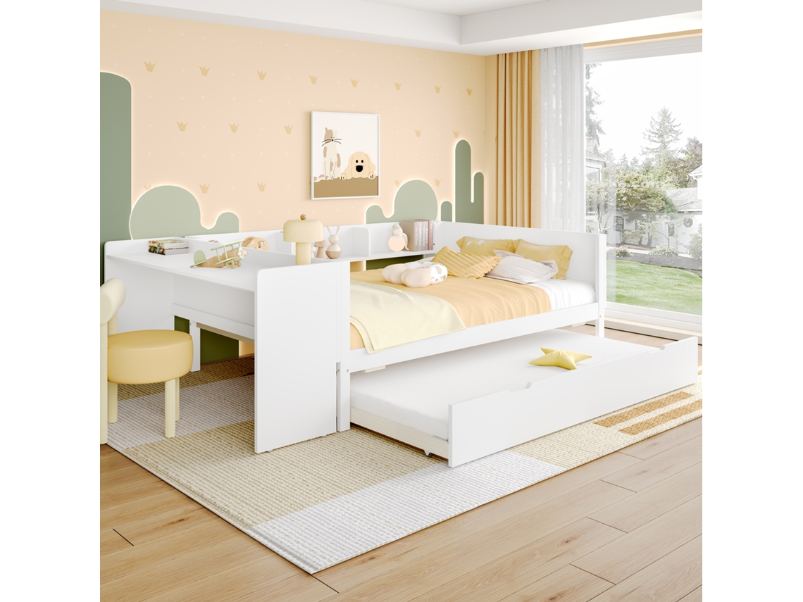 Cama De Madeira Plana, 140x200cm, Com Escrivaninha, Com Cama Auxiliar, Cama De Casal (sem Colchão), Com Prateleiras, Pinho + Aglomerado, Branca