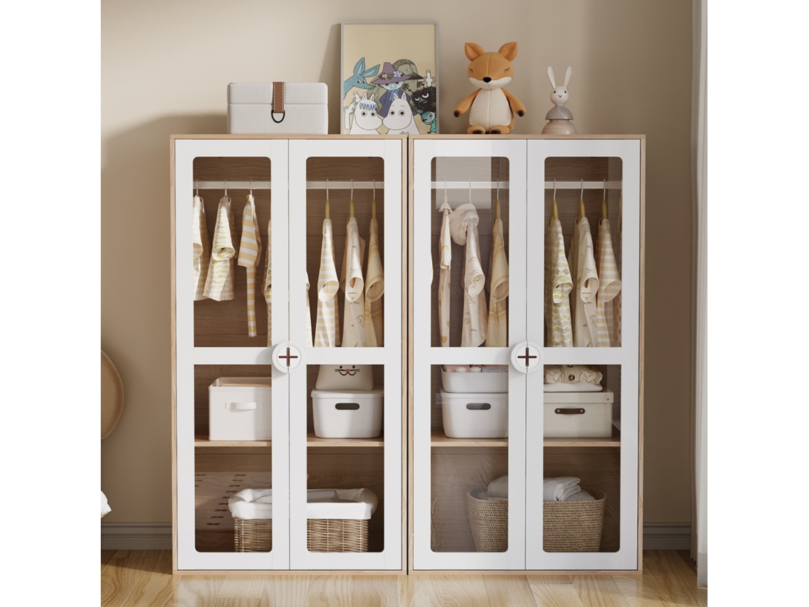Armario infantil de 160x50x150 cm - Doble puerta, acrílico, barra para colgar ropa - Natural + Blanco