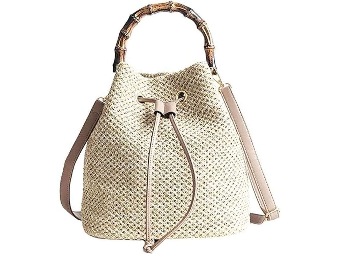 2026-bolsa Cesta De Paja Con Asa De Bambú Y Correa De Cuero Pu Para Hombro O Cruzado Tote Moda Verano