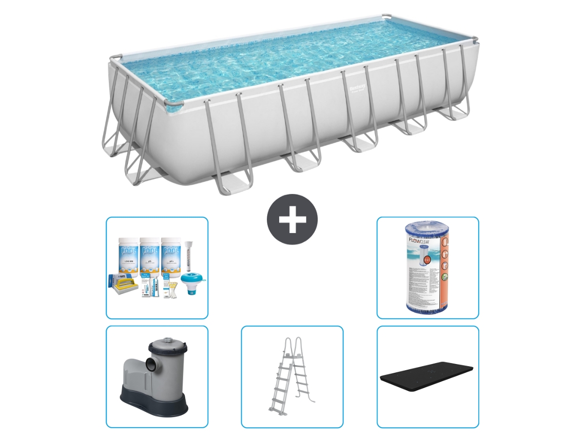 Piscina BESTWAY Rectangular Power Steel - 640 x 274 x 132 - Gris - Incluida bomba - Escalera - Cobertor Paquete de mantenimiento - Filtrar