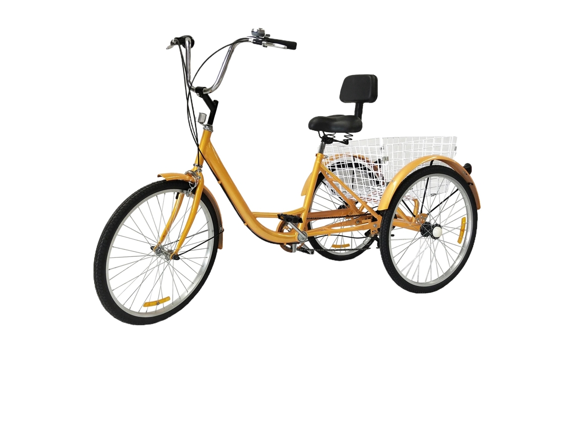 Triciclo para adultos, ruedas de 24'', asiento cómodo, cesta espaciosa, color amarillo OEM