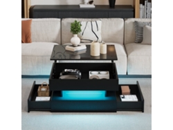 Mesa De Centro 65x65x38.5 Cm - Mesa De Salón Elevable, Mesa Auxiliar, Mesa De Café Con Led, 2 Cajones, Diseño Geométrico - Negro