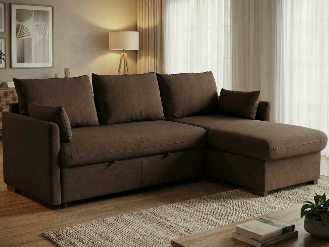 Sofá Cama 3 Plazas BUDWING Orlando Marrón + Chaise c/ Almacenamiento Integrado (221 x 162 x 85 cm - Reversible Lado Derecho/Izquierdo)