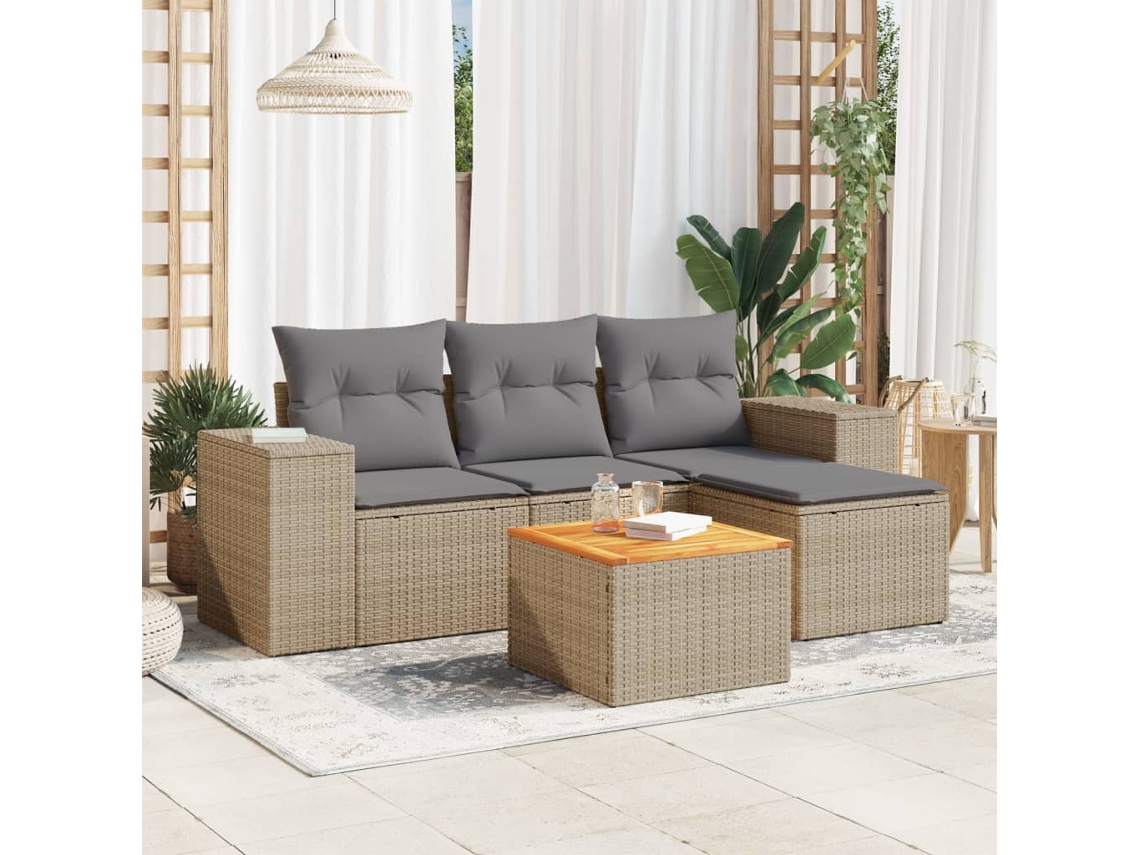 Conjunto de sofá de jardín de 5 piezas con cojines, mimbre sintético beige, Dkd Home Decor