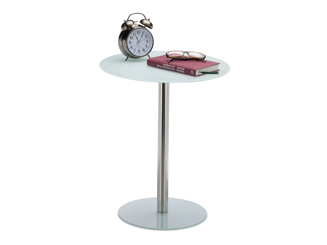 Relaxdays Mesa Auxiliar Redonda, Cristal-acero Inoxidable, Blanco, 53 X 43 X 43 Cm