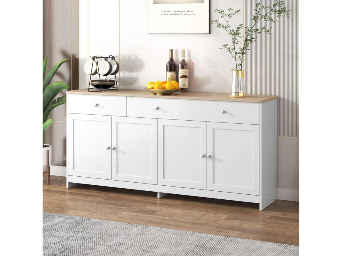 Aparador Moderno Con 4 Puertas Y 3 Cajones, Ideal Para Comedor Y Salón, 160 X 37 X 75 Cm - Blanco Antiguo + Madera Natural