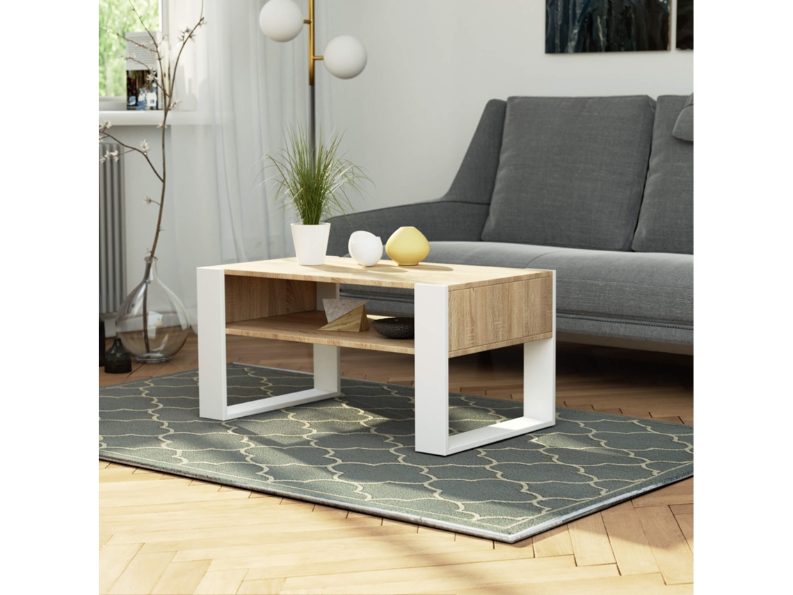 Mesa De Centro Akord Domi Roble Sonoma 92 Cm Con Patas En Color Blanco 92x53x45 Cm