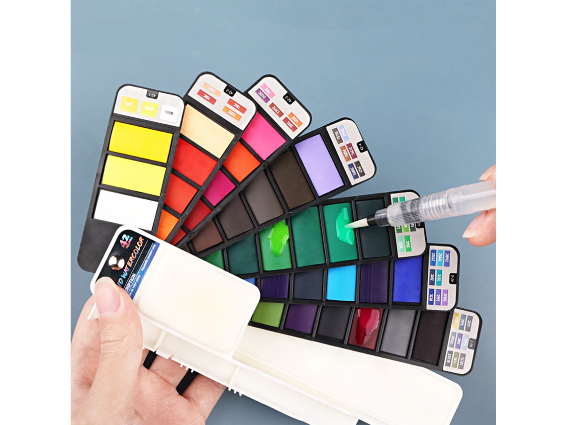 Conjunto de Tinta Aquarela Sólida 42 Cores com Pincéis Dobrável para Artistas e Estudantes
