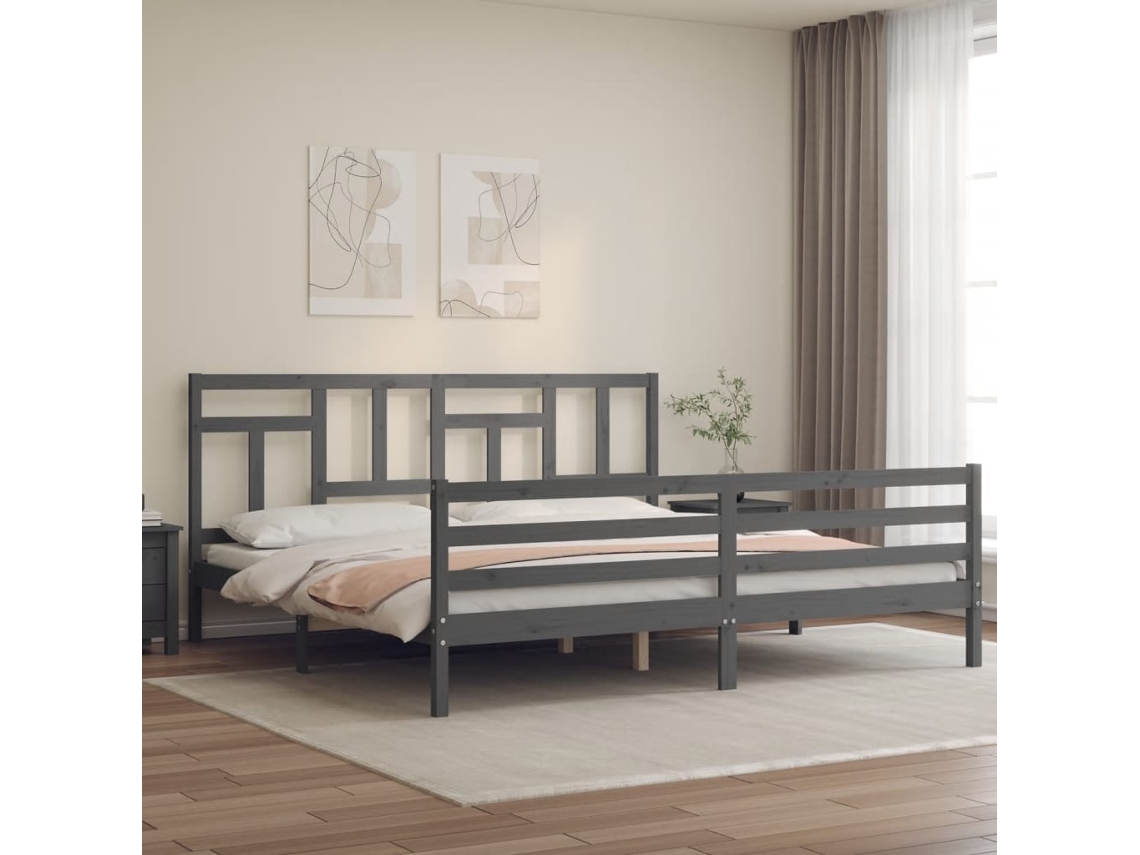 Estructura De Cama Con Cabecero Madera Maciza Gris 200x200 Cm