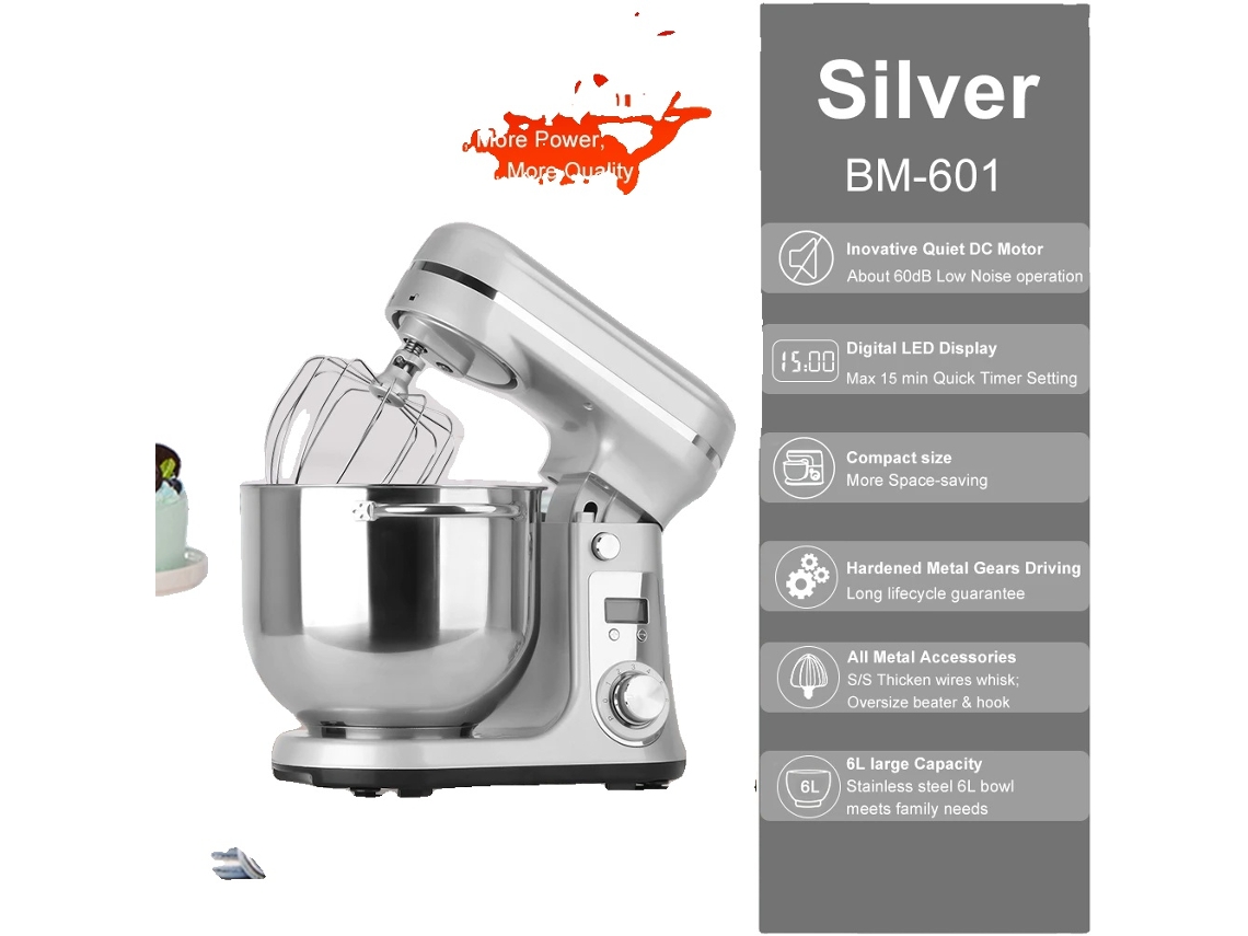 Batidora de pie Biolomix, 1200 W de potencia, 6 l de capacidad, 6 l, color plata, BM 601, UE OEM