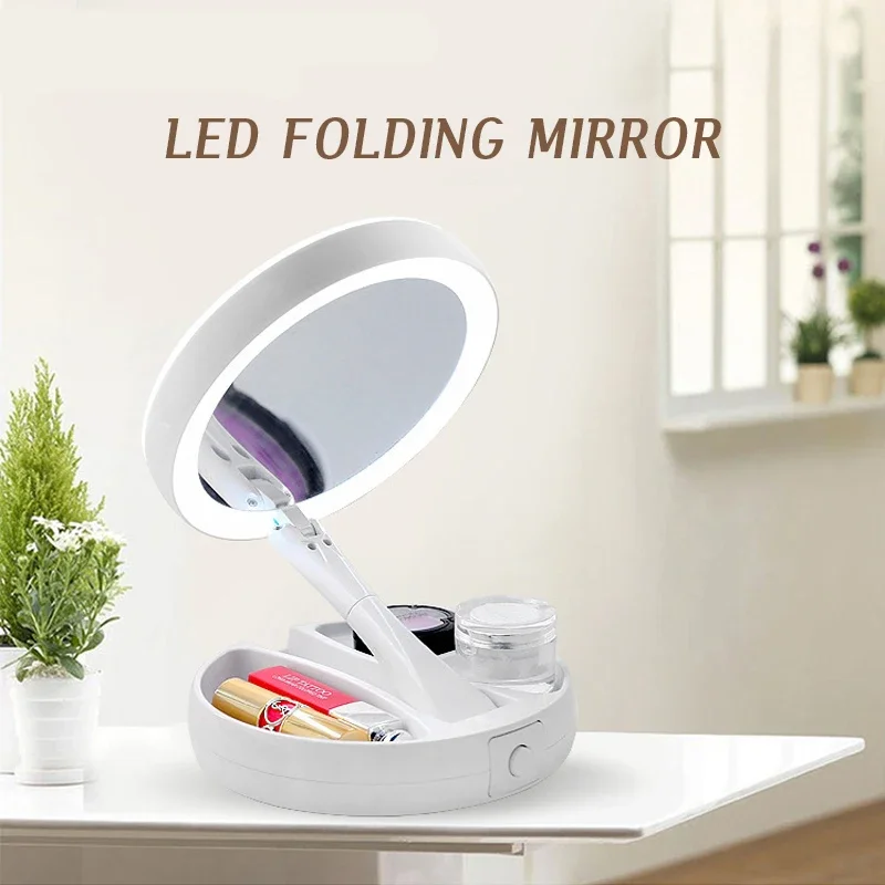 Espejo de maquillaje con aumento de 10x, plegable, con luz LED, recargable por USB o pilas, ideal para el tocador. Aeuzwr