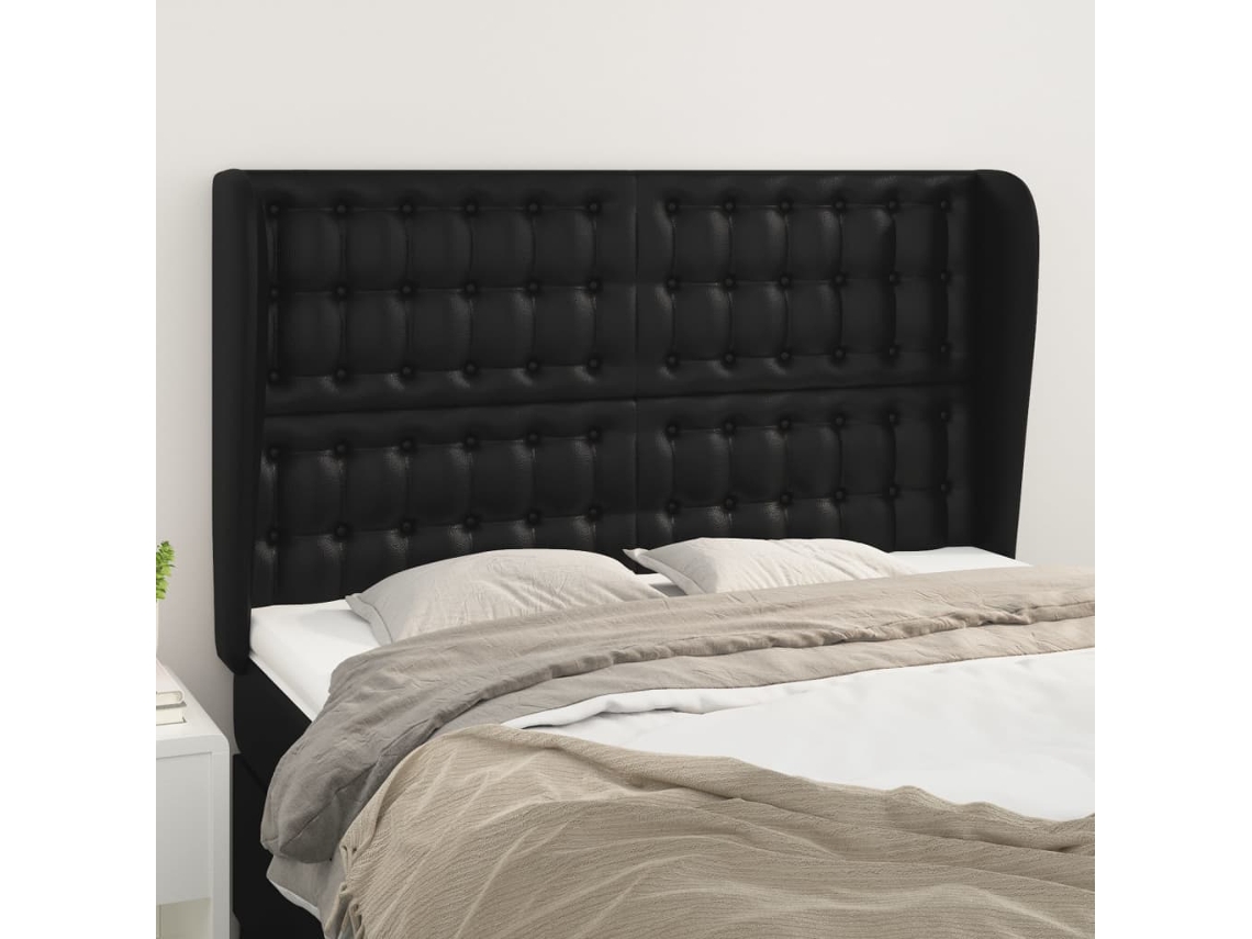 Cabecero con orejas de cuero sintético negro 147x23x118/128 cm