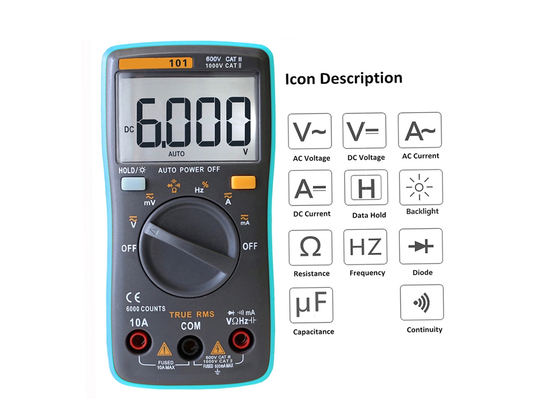 Multímetro Digital Richmeters Rm101 Con Pantalla Lcd True Rms: Mide Voltaje, Corriente, Resistencia, Capacitancia Y Diodos Realiza Pruebas De Continuidad.