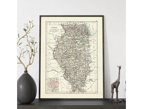 NACNIC Pósters Geográficos En Vintage Mapa De Illinois De 1885 Ilustraciones De Antiguos Mapamundis En Tonos Sepia Tamaño A3 Con Marco Color Madera