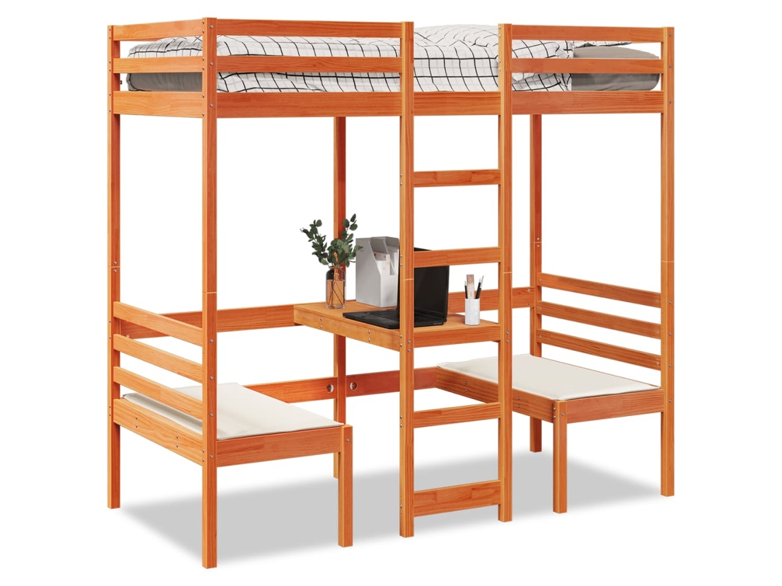 Cama Alta Escritorio Y Estantes Madera Maciza Marrón 90x200 Cm