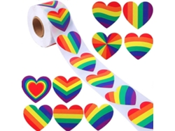 500 pegatinas de San Valentín con forma de corazón y rayas arcoíris en rollo.
