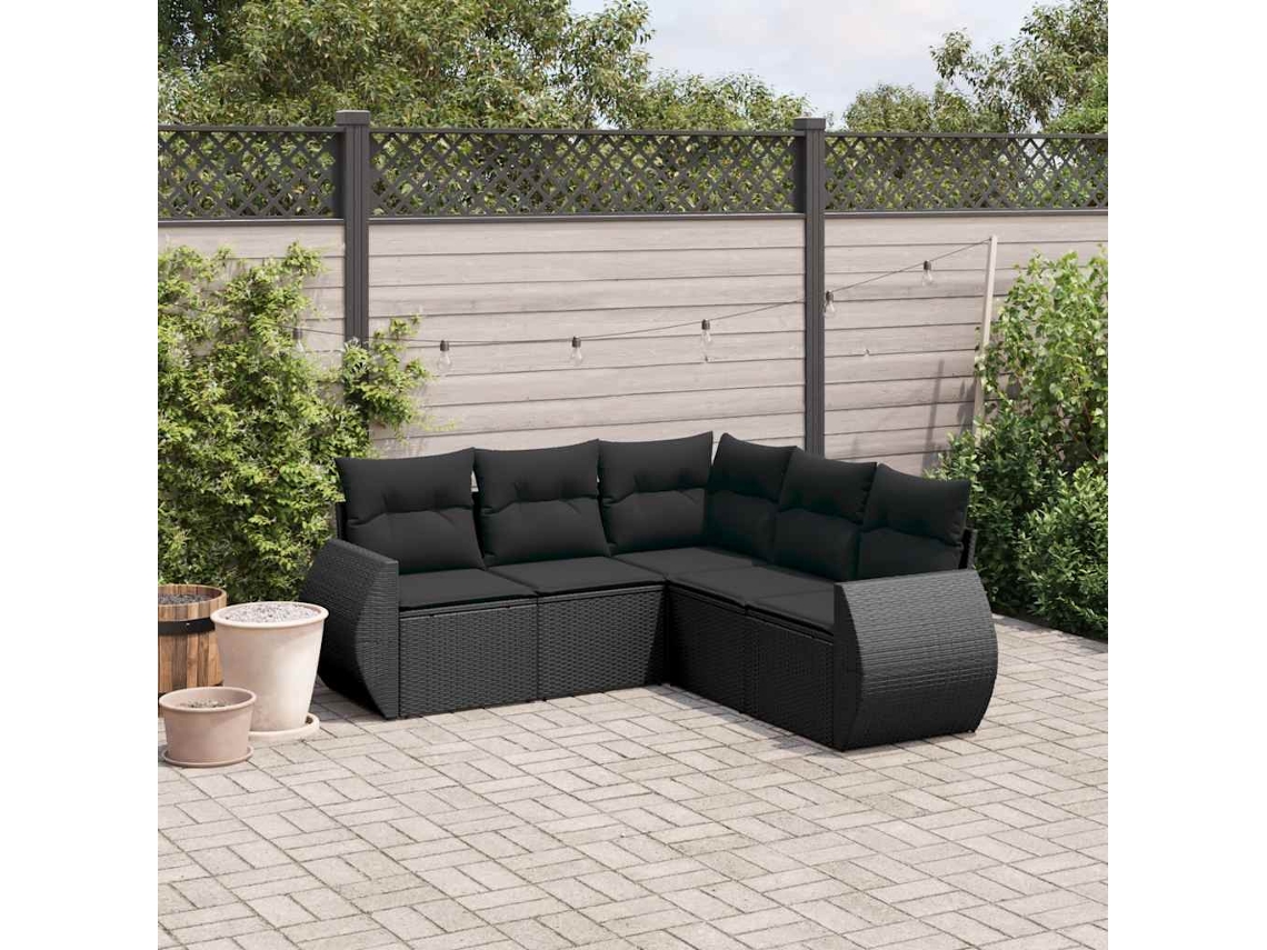 Conjunto de sofá de jardín de 5 piezas con cojines de mimbre sintético negro, Dkd Home Decor