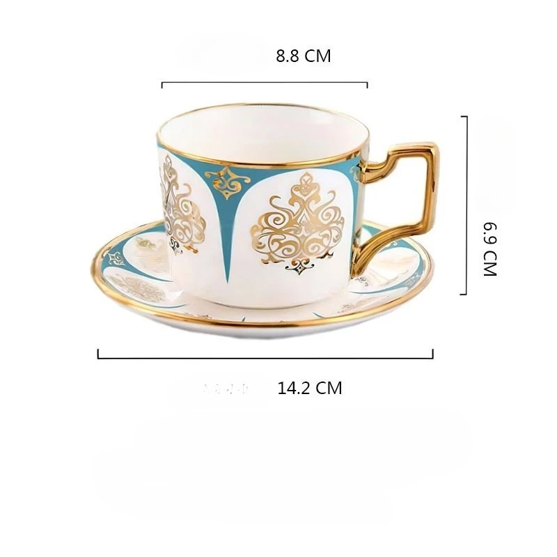 Taza de café de cerámica creativa, de estilo cortesano europeo, con borde y platillo dorados, perfecta para la hora del té. MDUG (verde, 230 ml)