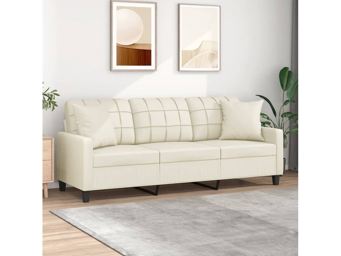 Sofá De 3 Plazas Con Cojines Cuero Sintético Color Crema 180 Cm