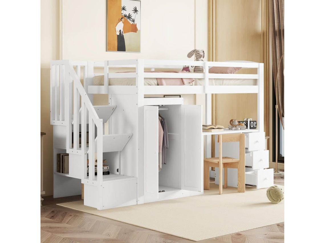 Cama Alta 90x200 Cm - Con Somier, Sin Colchón, Con Armario, Escalera, Escritorio Y Cajones - Blanco