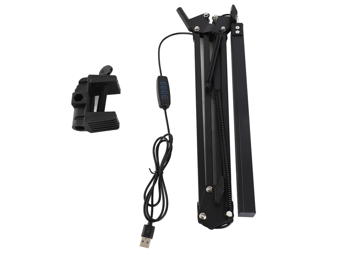 Lámpara de oficina LED 2026 con brazo oscilante ajustable, luz de lectura USB con pinza y protección ocular, múltiples articulaciones.
