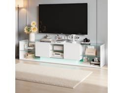 Mueble de TV con iluminación LED y 2 cajones, apto para salón y dormitorio, blanco, Rosahqnda (200x45x35cm)