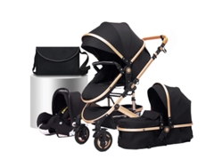 Carrito De Bebé 3 En 1, Sistema De Viaje Ajustable Con Paisaje, Plegable, Negro Y Dorado Oem