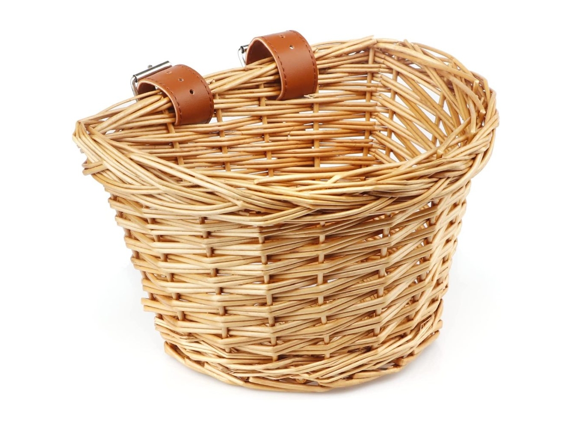 Cesta de mimbre ecológica y elegante, tejida a mano, con correas de cuero ajustables que garantizan una sujeción segura al manillar delantero.
