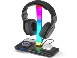 Soporte Gaming 3en1 Negro Cargador Inalámbrico 15w 9 Luces Rgb Para Auricular