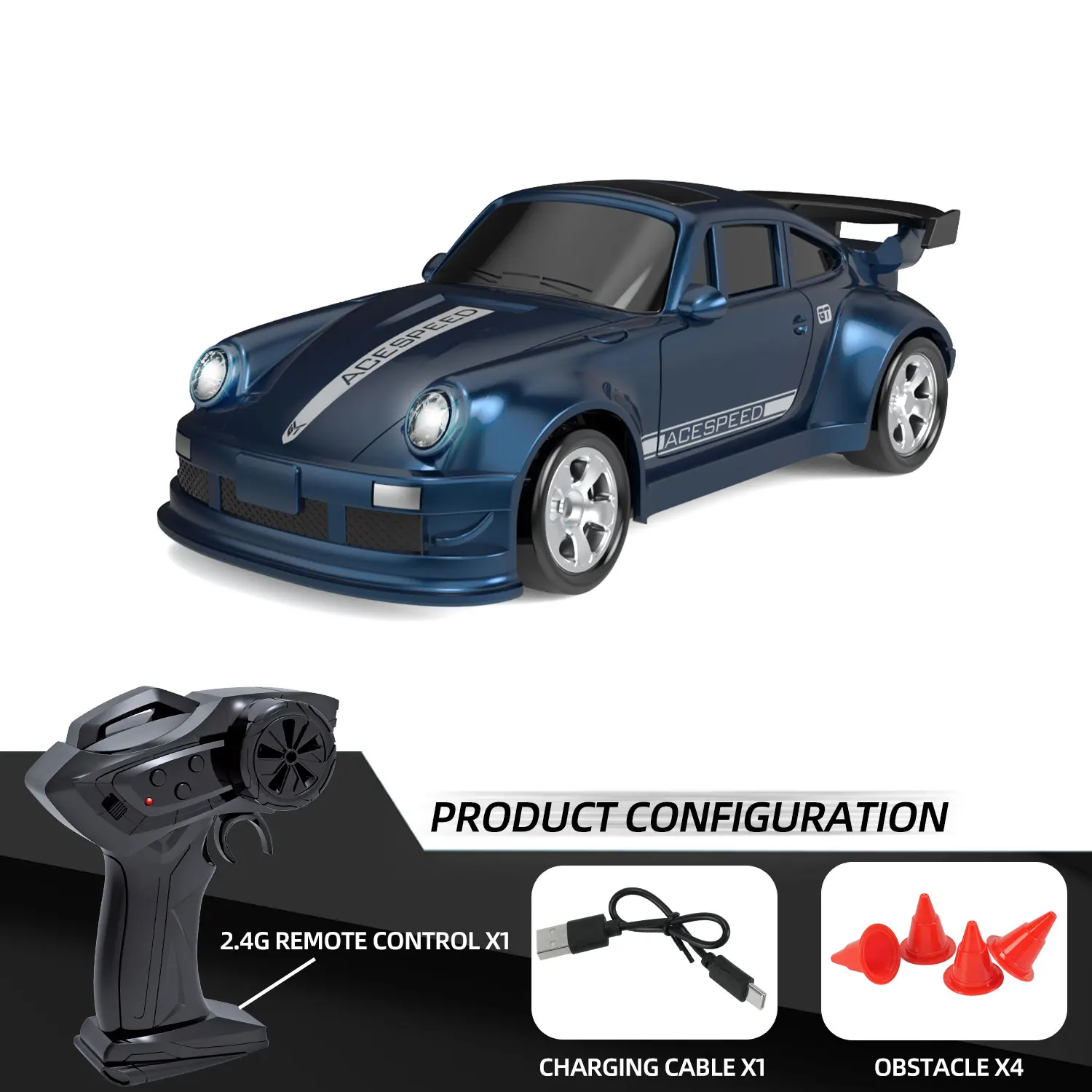 Mini coche de mesa con control remoto y luces, juguete eléctrico real MDUG (azul)